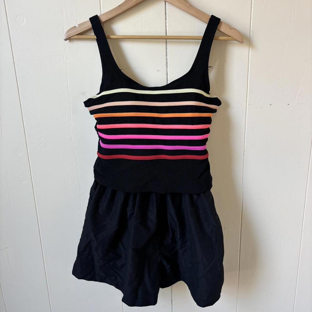 Black and multi-coloured striped bathing suit  with built-in shorts
